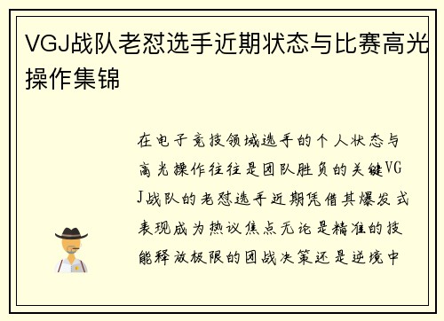 VGJ战队老怼选手近期状态与比赛高光操作集锦